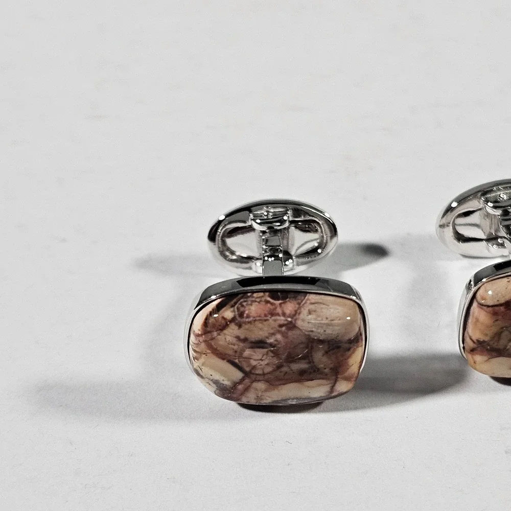 Jan Leslie Cufflinks Mens OS Brown Sterling Silver 925 Jasper Stone Rectangular